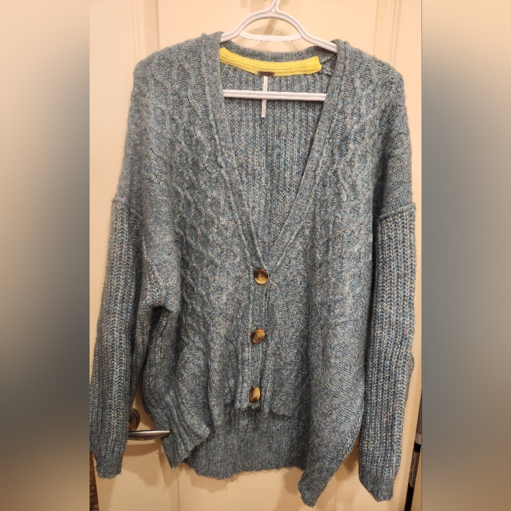 Free People Blue Cable Knit Button Front Cardigan with Yellow Trim